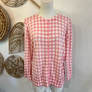 Talbots Pink White Cotton Rayon Gingham Cardigan Sweater Preppy Large